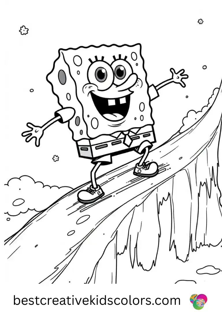 SpongeBob slides across a sparkling ice ramp in Funny spongebob coloring pages for kids.