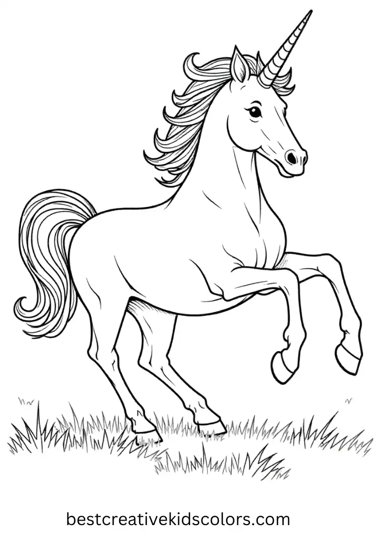 A unicorn gallops across a grassy field with flowing mane — a detailed yet easy-to-color Unicorn Coloring Page.