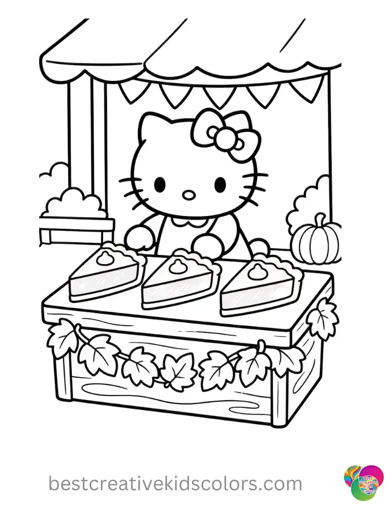 Three pie slices line an autumn stand with a bow-wearing cat, coloring page