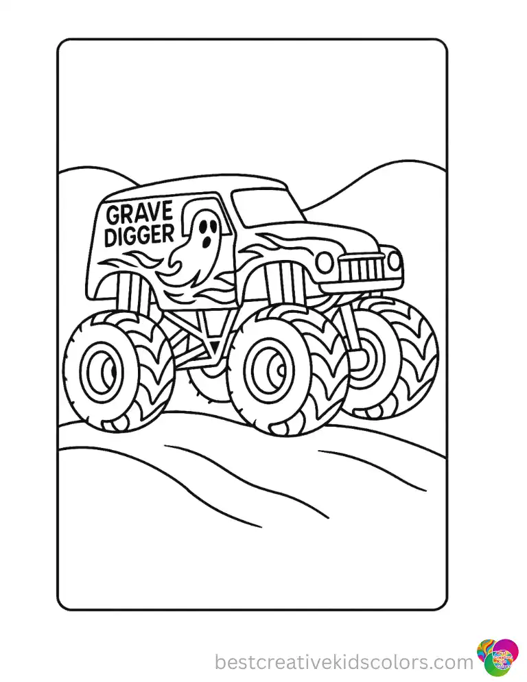 A ghost-themed truck rolls over smooth terrain. Wide, bold lines make it fun for kids.