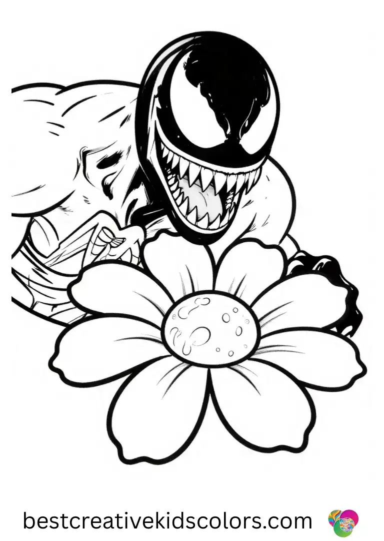 Green venom coloring pages shows Venom gently sniffing a large flower in a clean empty garden.