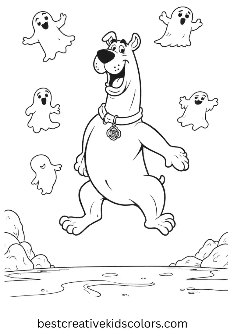 Halloween Cartoon Coloring Page Featuring Scooby Doo Shaggy Chases Balloons