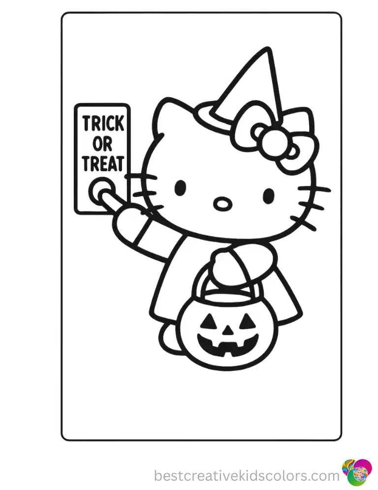 Candy pail gripped tight Hello Kitty presses the doorbell and waits with barely contained hope. Print this free PDF and color her outfit.