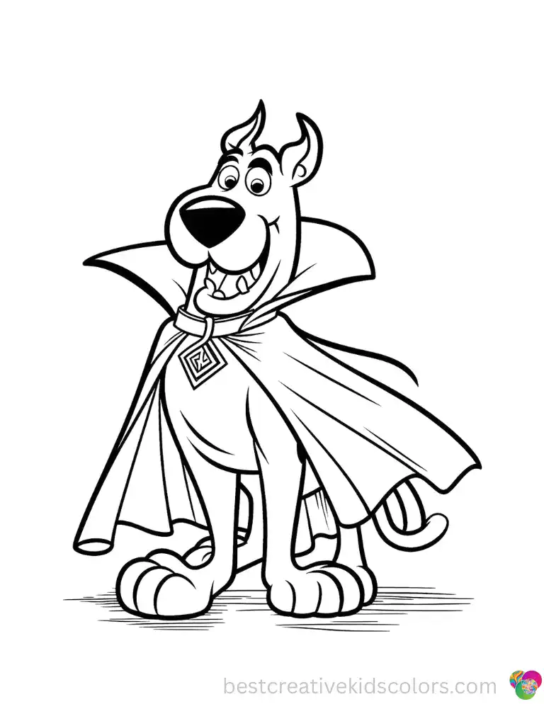 A brave Scooby dressed as a vampire wears a long black cape, ready for spooky Halloween adventures.