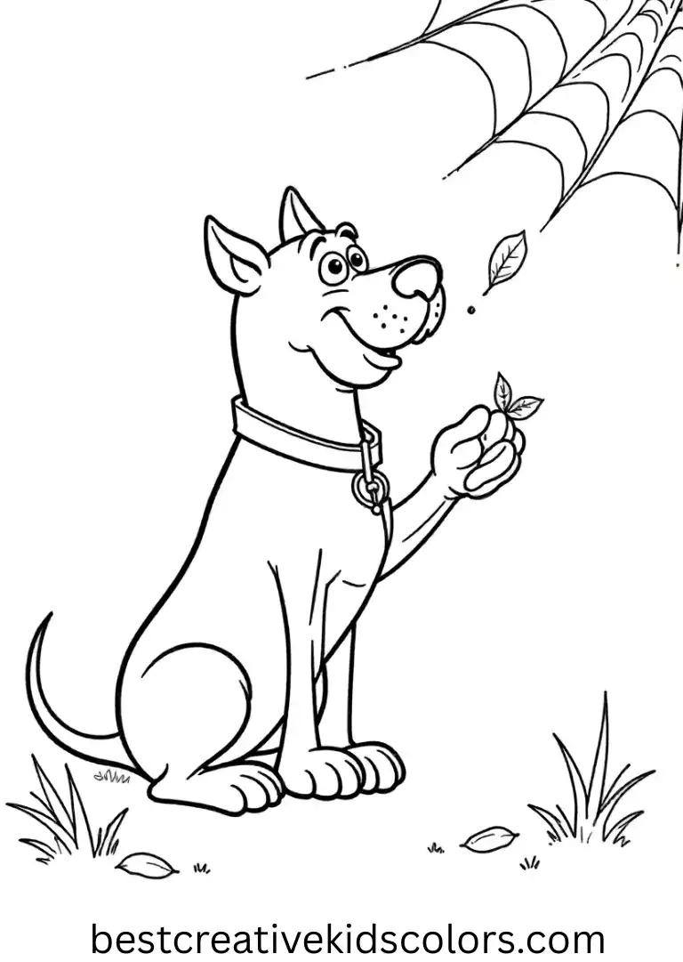 Halloween coloring pages scooby doo pdf free shows Scooby studying a leaf caught in a spiderweb.