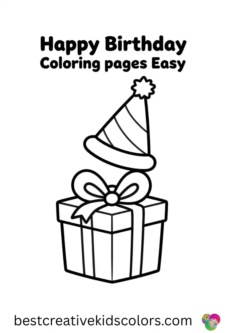 A birthday hat spins gently in Happy Birthday Coloring pages Easy above a cheerful gift box