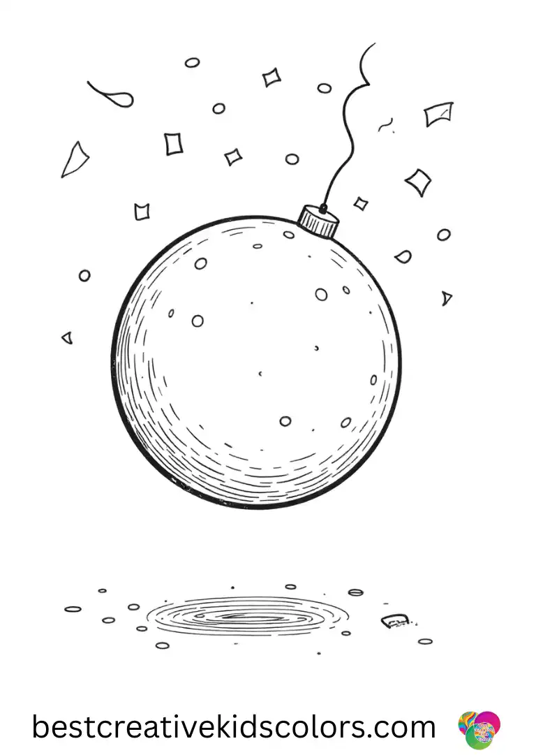 Happy Birthday Coloring pages for kids show confetti raining over a bouncing party ball