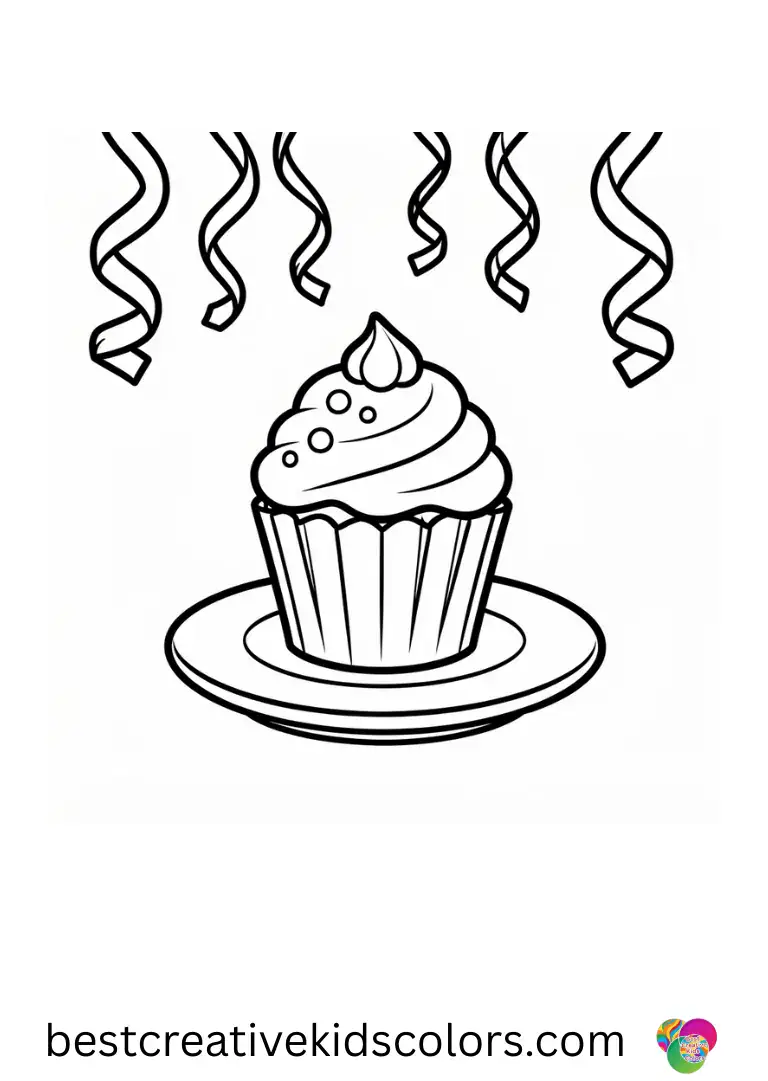 Streamers curl above a small cake in Happy Birthday Printable Free PDF on a clean surface