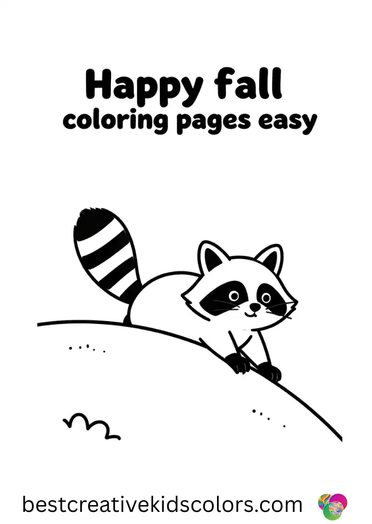 A playful raccoon slides down a small hill in Happy fall coloring pages easy.
