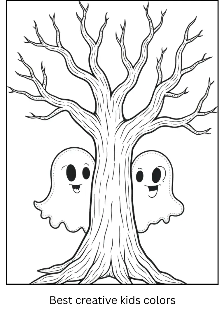 Haunted Tree with Ghosts Coloring Page