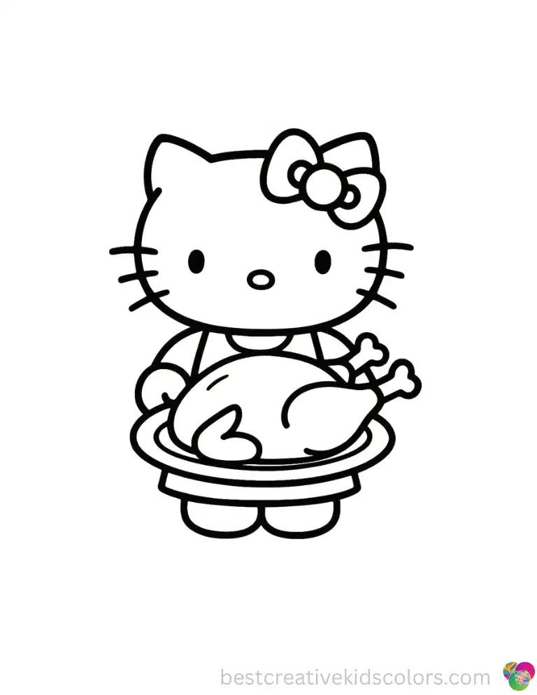 Hello Kitty proudly carries a roasted turkey to the table on a big silver platter.