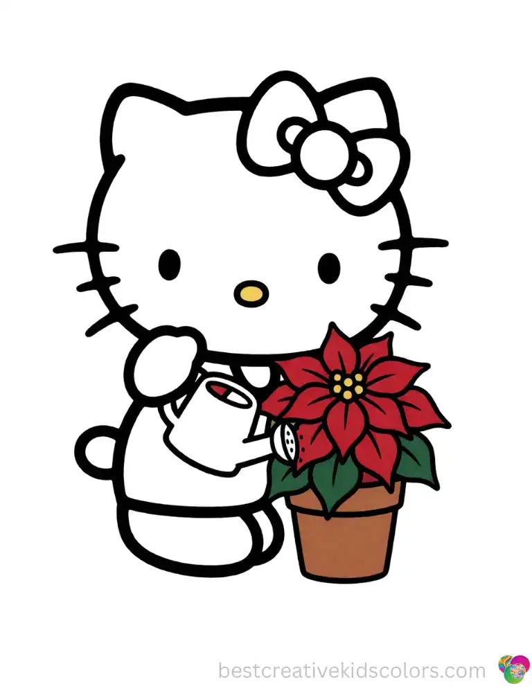 Hello Kitty Christmas Coloring Page Featuring Her Watering a Red Poinsettia Plant