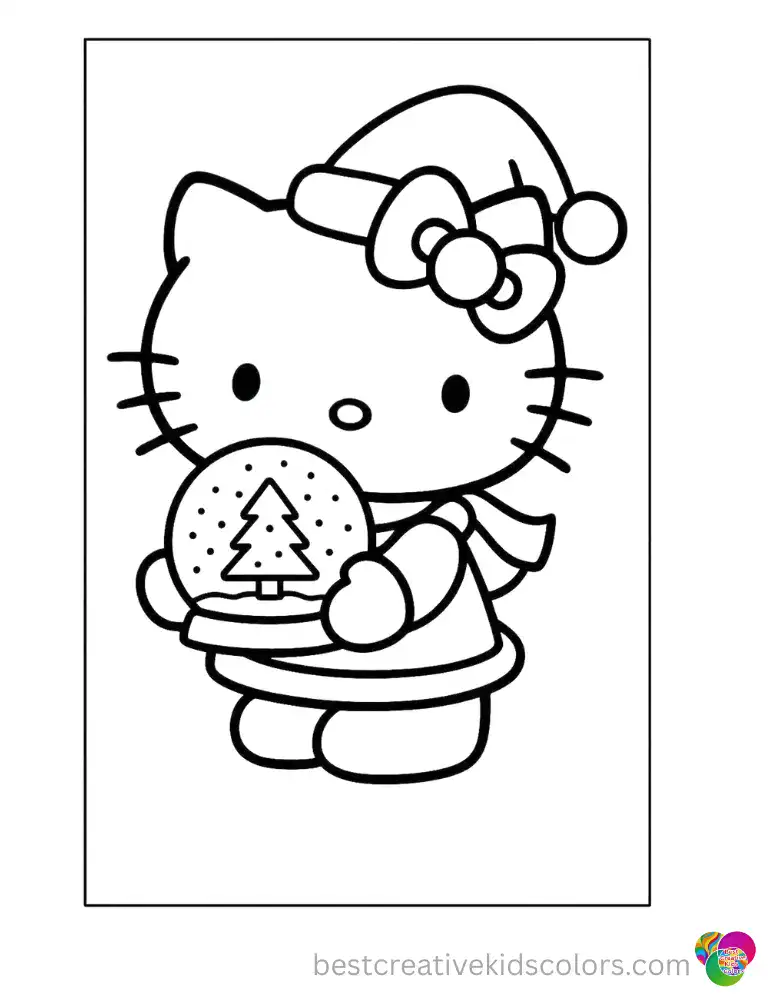 Hello Kitty cradles a magical glass snow globe in both hands and gives it a gentle shake, watching the snowflakes swirl. Open the free Color Online tool and add your own Christmas colors to this whimsical scene.