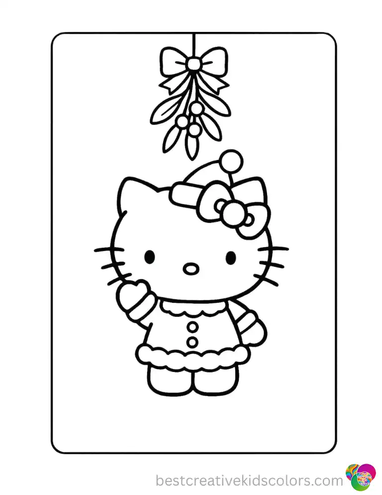 Hello Kitty stands with a playful smile directly beneath a fresh green sprig of Christmas mistletoe hanging from the doorway. Use the Color Online tool to color this festive holiday moment for free right now.