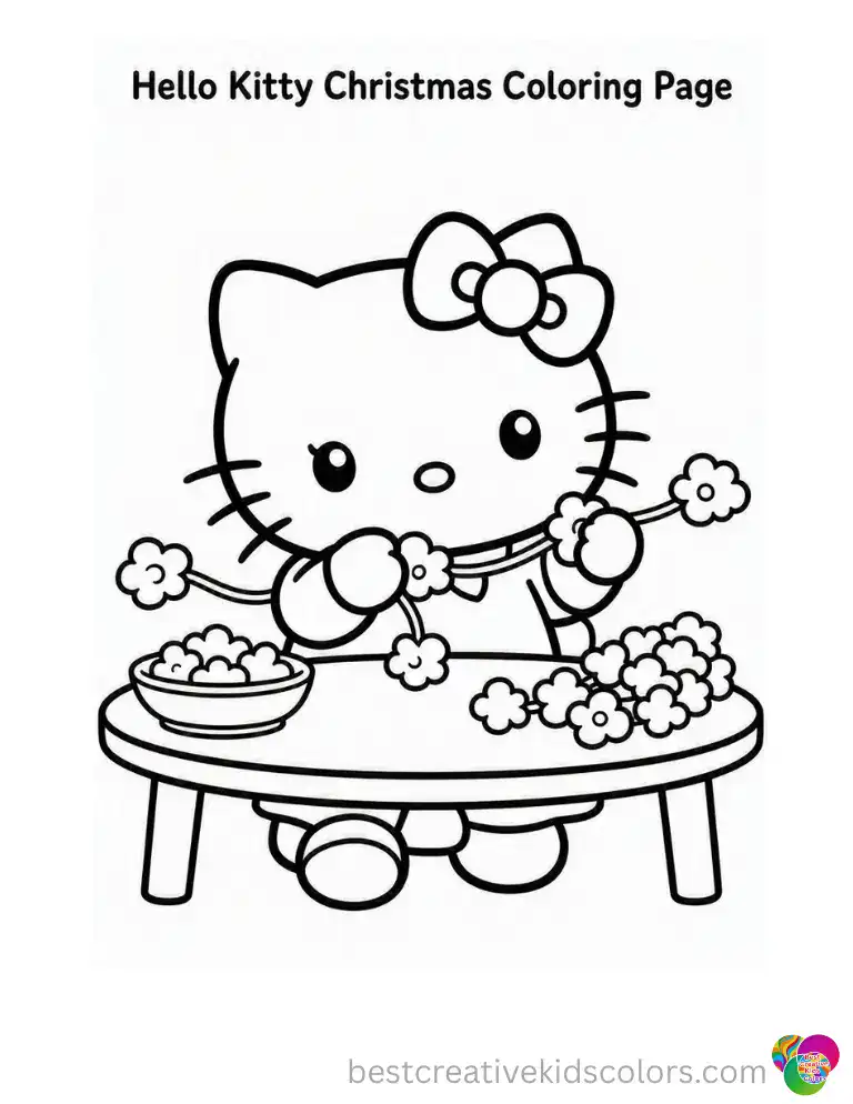 Hello Kitty Christmas Coloring Page of Her Stringing Popcorn Into a Garland Hello Kitty threads fluffy white popcorn piece by piece onto a long thin string to make a classic Christmas garland. Print this page free as a PDF or open the Color Online tool and start coloring right away.