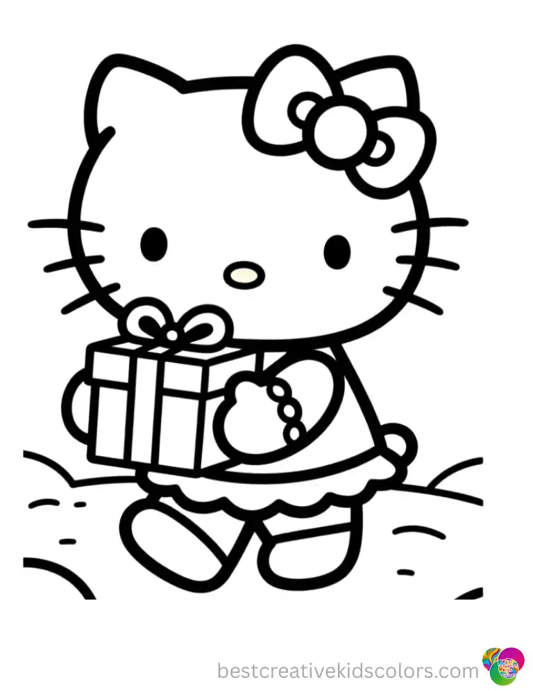 Hello Kitty adjusts a soft Santa hat on top of her head.