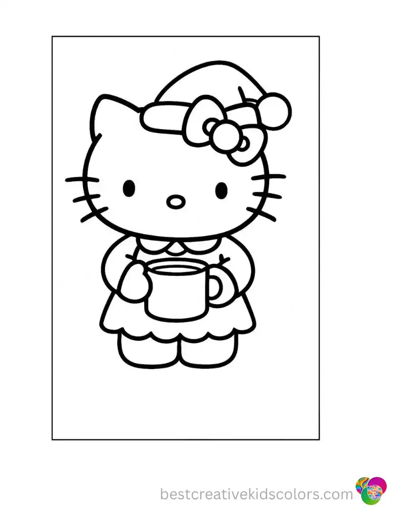 A neat Hello Kitty Christmas Coloring Sheet smoothly presents Hello Kitty holding a cocoa mug.