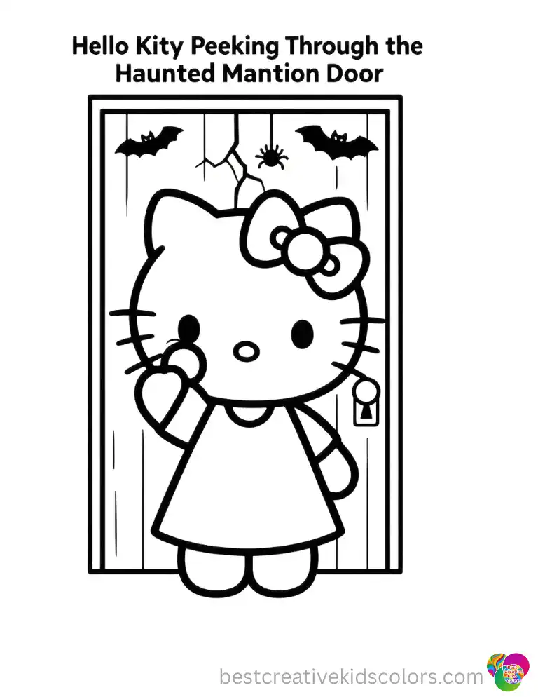 Curiosity beat nervousness and now Hello Kitty has one eye pressed to the cracked mansion door. Color her brave Halloween moment online.