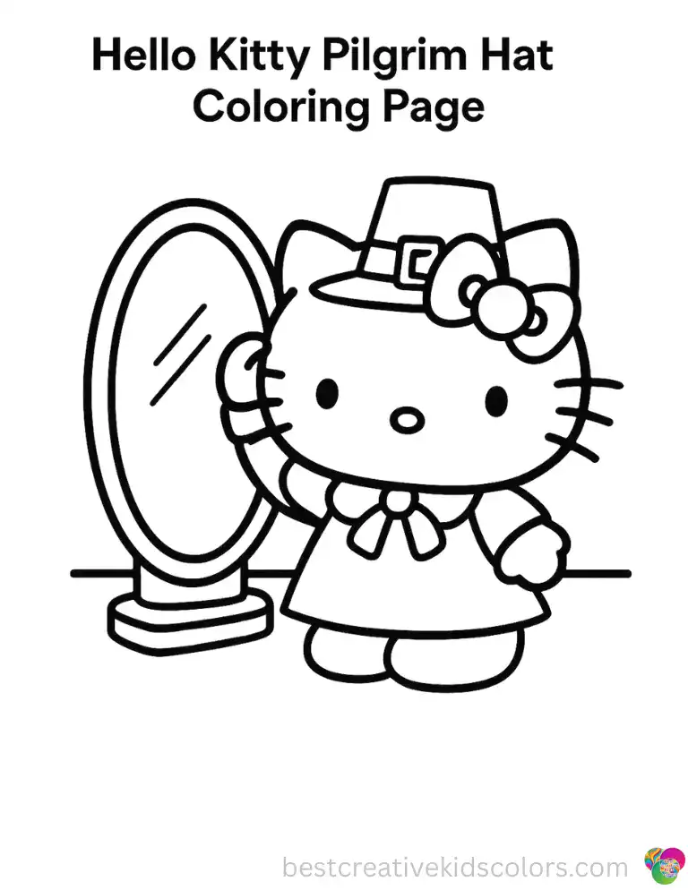 Hello Kitty adjusts her little black pilgrim hat in front of the mirror before Thanksgiving dinner.
