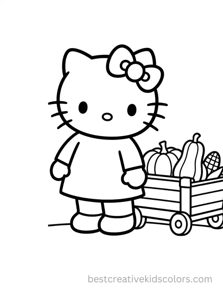 Hello Kitty beside a wooden wagon filled with a pumpkin, squash and corn.