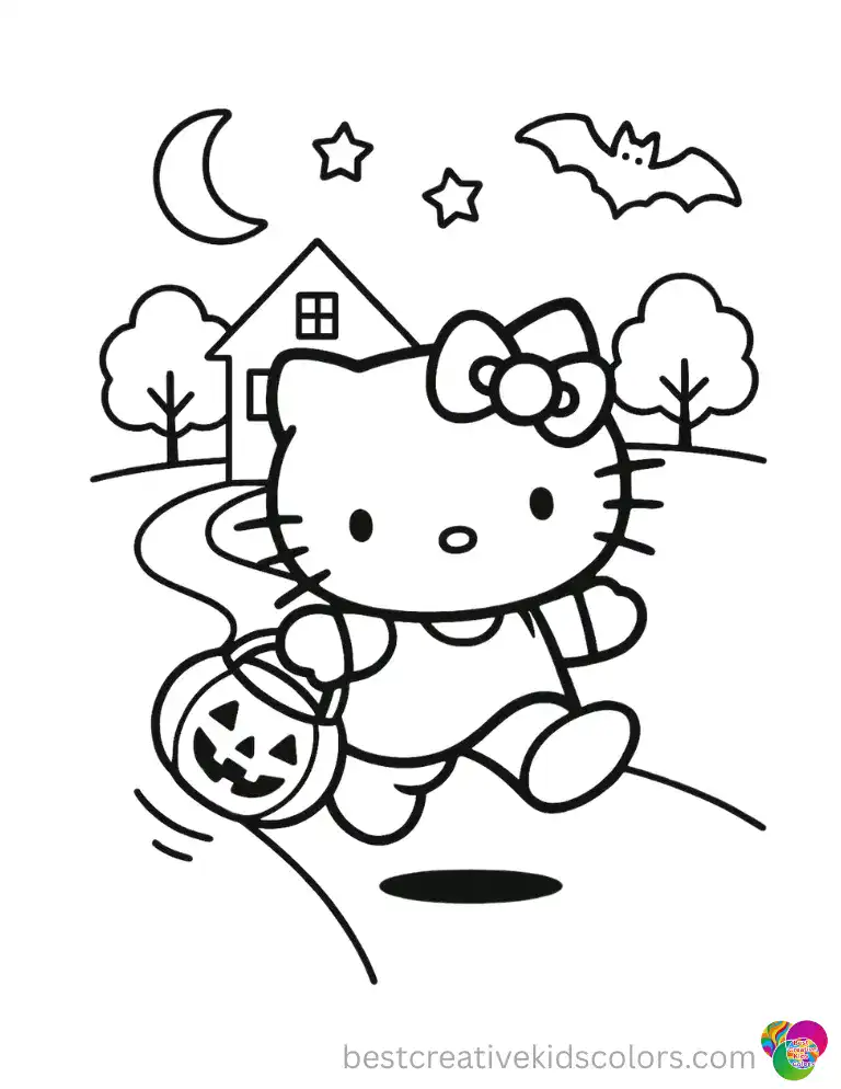 Her candy bucket swings so fast Hello Kitty nearly trips over her own excitement running house to house. Print the free PDF and color her.