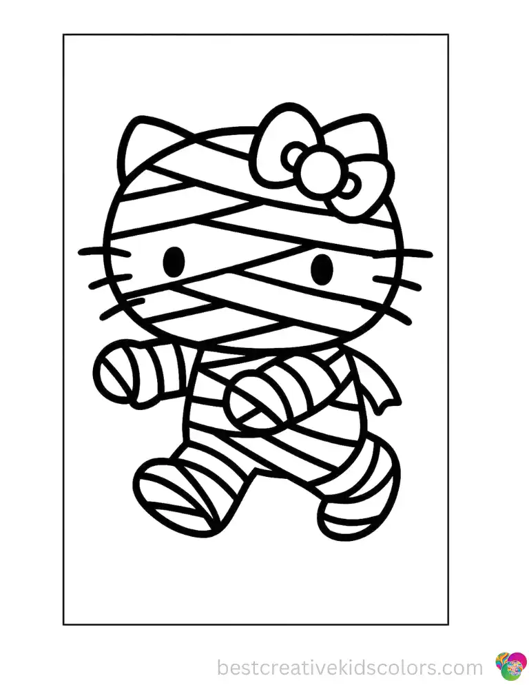 Only her bow and two wide eyes are visible but Hello Kitty is shuffling forward with absolute mummy dignity. Print this free PDF and color every bandage wrap.