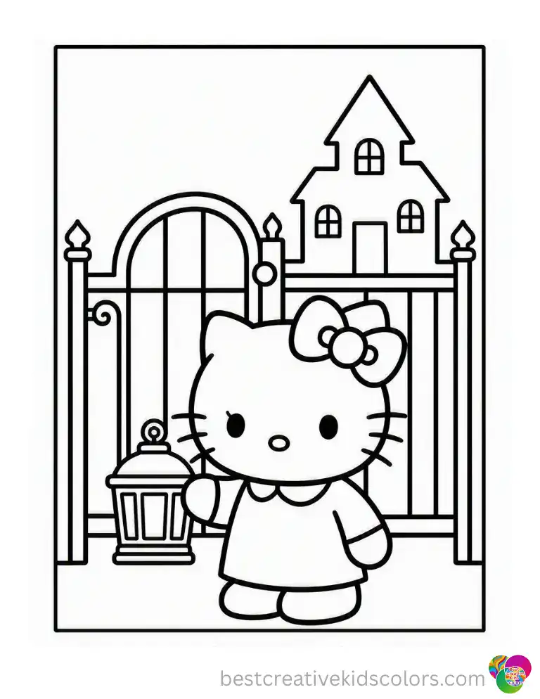 She told herself she was brave right until the gate creaked and Hello Kitty held her lantern higher. Download the free PDF and color the scene.