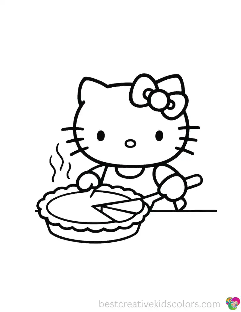 Fresh from the oven, Hello Kitty slices into a warm pumpkin pie before the Thanksgiving guests arrive.