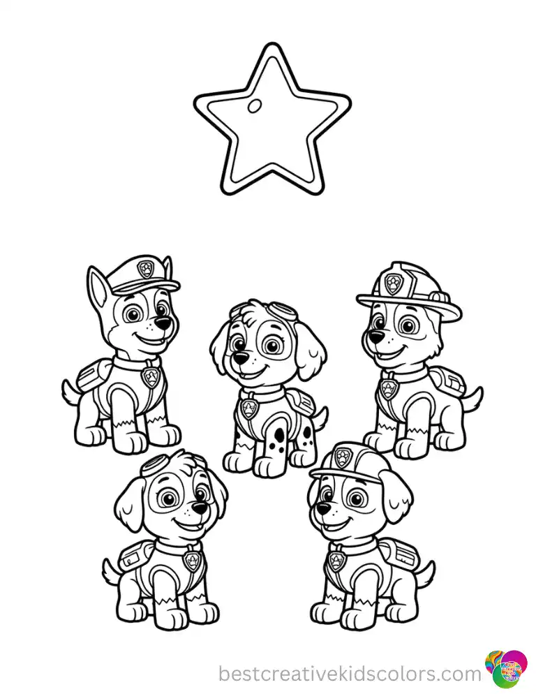 The Paw Patrol pups gaze upward at a shiny star in a completely blank sky.