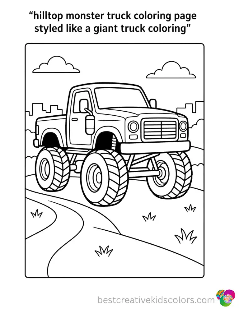 Hilltop Monster Truck Coloring Page Styled Like a Giant Truck