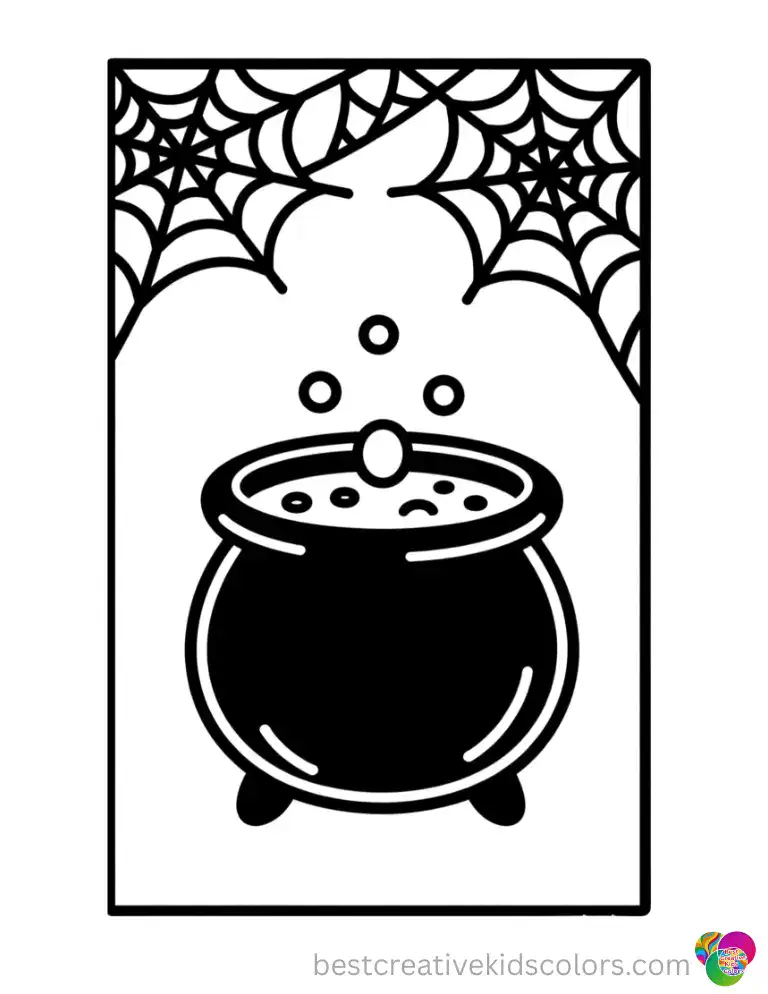 A bubbling potion cauldron in Horror Coloring pages glows under a thick layer of spooky cobwebs.