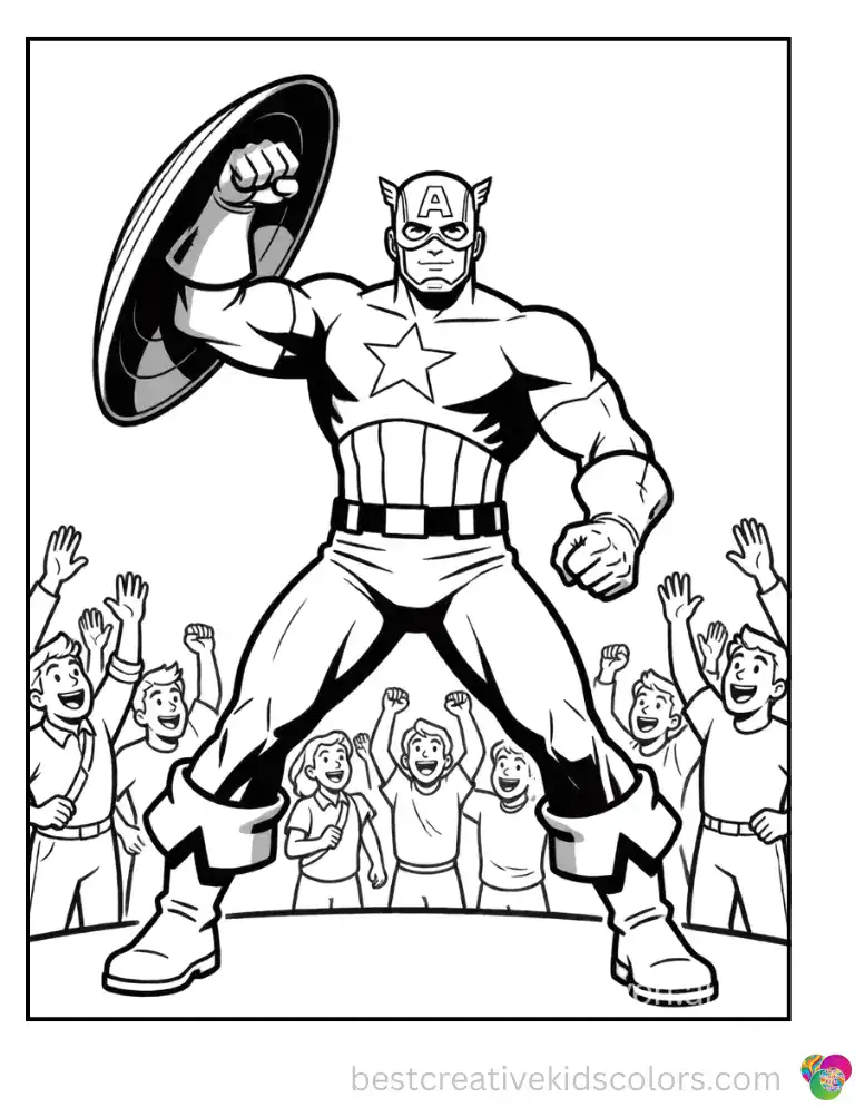 Captain America powerfully flexes his shield arm to inspire the cheering crowd before battle.