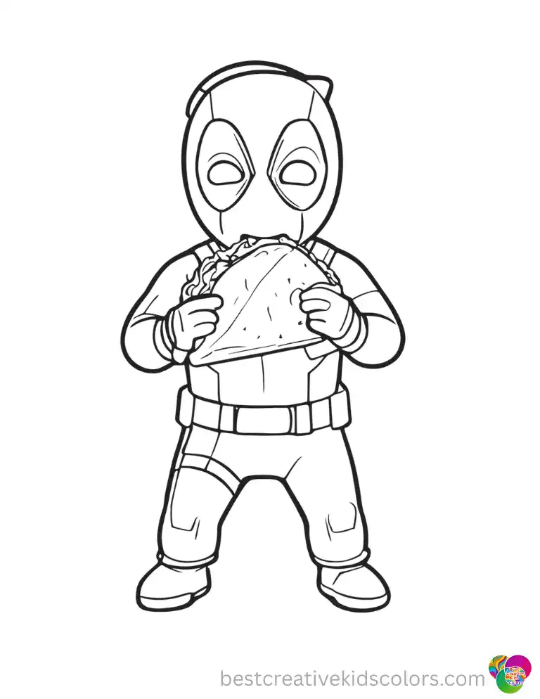 Deadpool happily eats a giant folded taco.