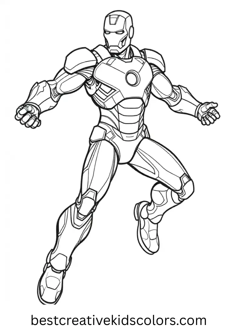 Iron Man coloring page easy shows him hovering with open-arm pose and simplified armor lines.