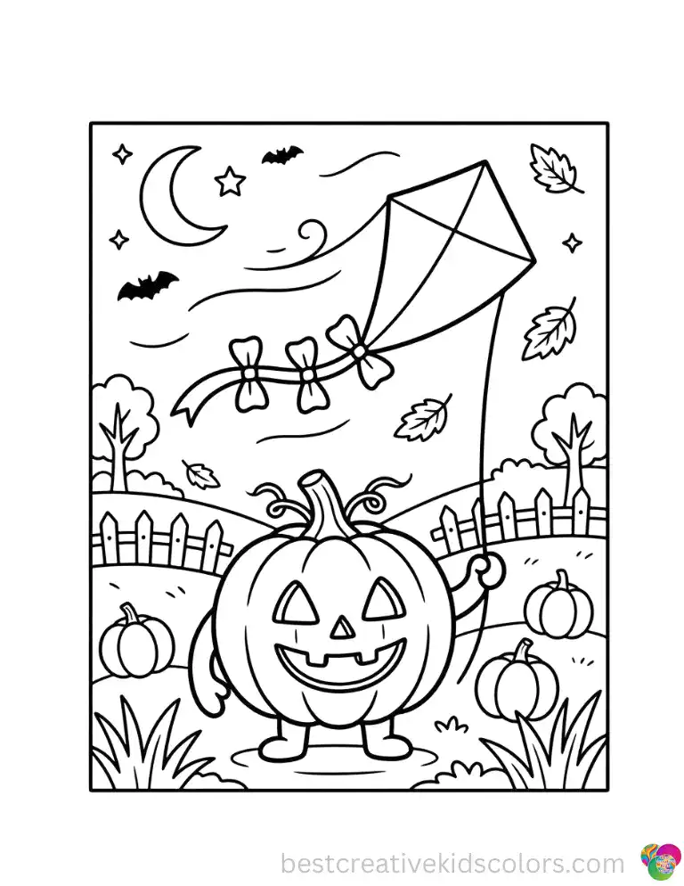 A spooky Jack-O-Lantern character flies a diamond kite through a windy autumn field on Halloween night.