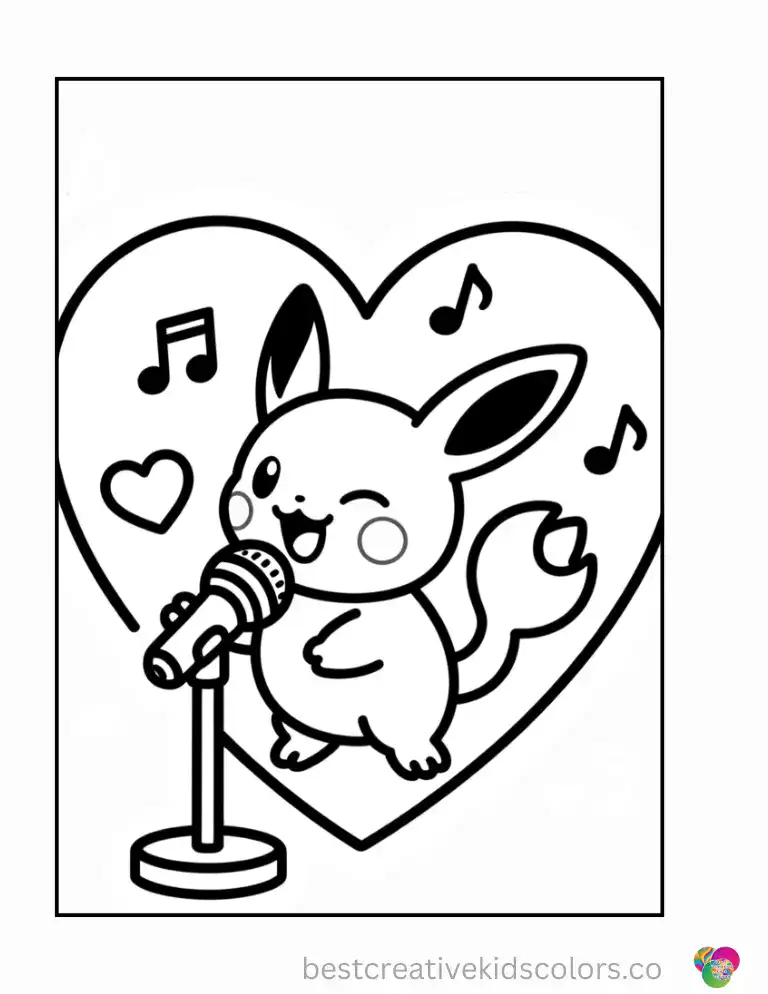 Jigglypuff sings a sweet love song into a heart-shaped microphone, with little music notes floating around.