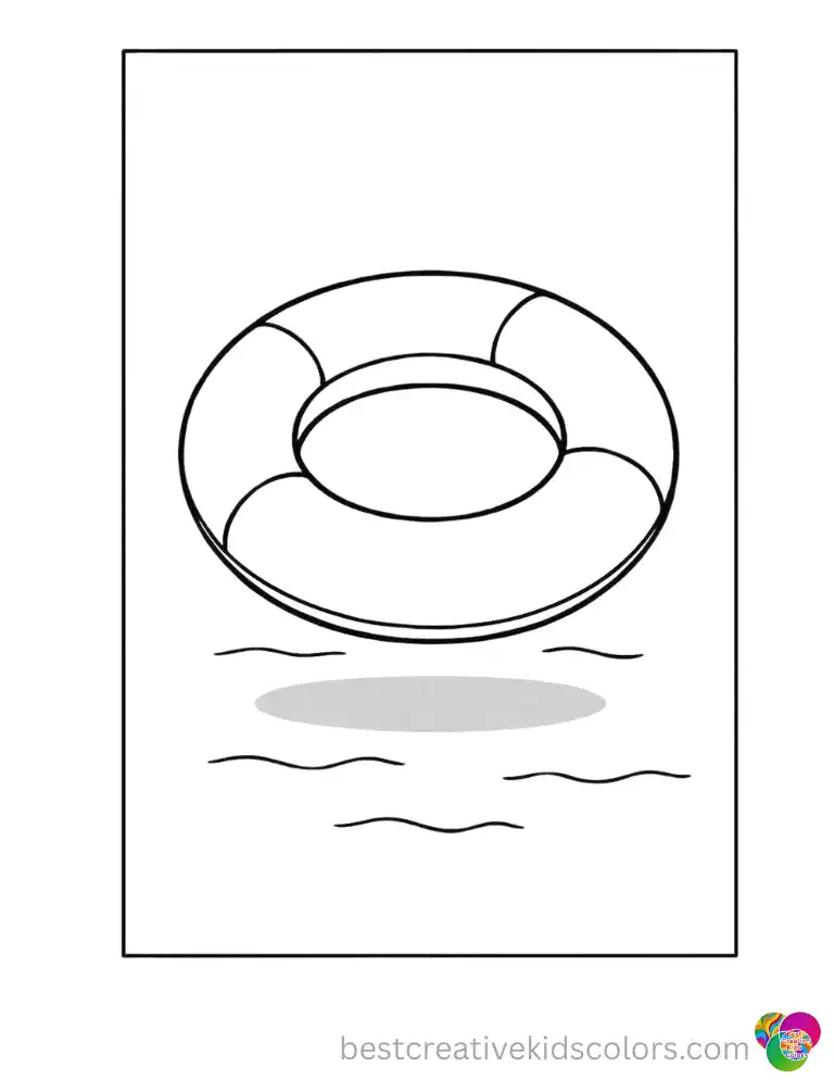 Round pool ring floats across calm blue water on this coloring page, its inflated rim casting a soft shadow beneath it.