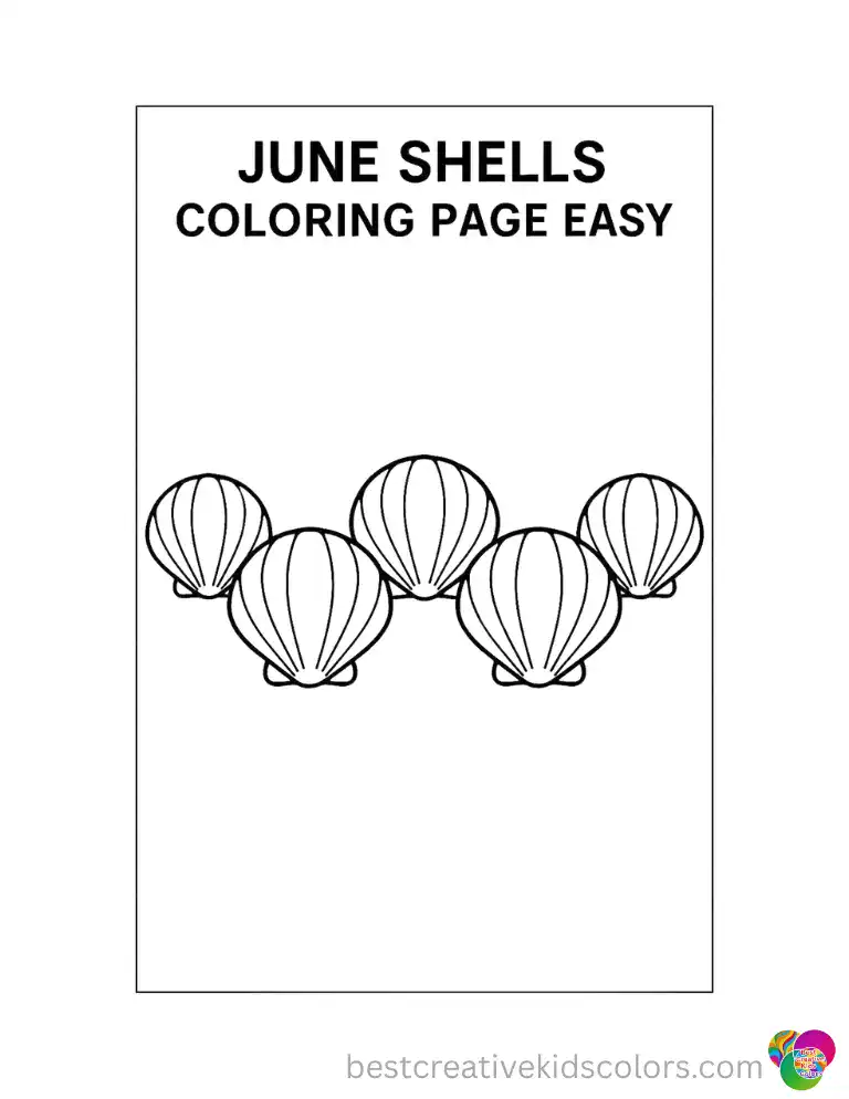 Five perfectly round clam shells sit in a row in June shells coloring page easy.