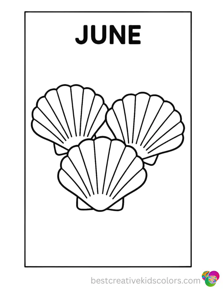 Three overlapping scallop shells form a neat pile in June shells coloring page free download.