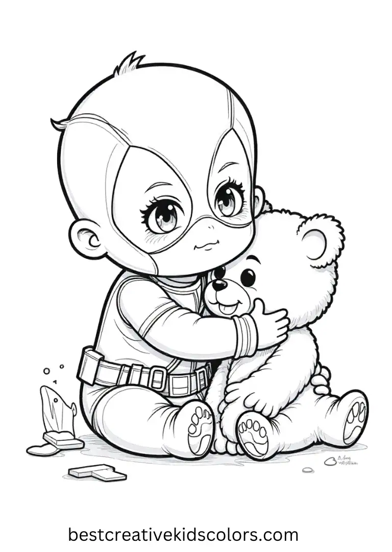 Color Deadpool hugging a teddy bear while sitting beside a spilled juice box.