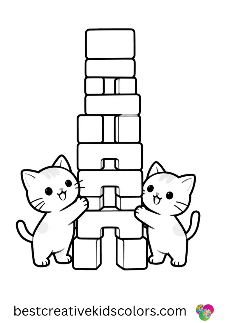 Two playful kitties build a tower of blocks in Kitties coloring pages, giggling as pieces wobble.
