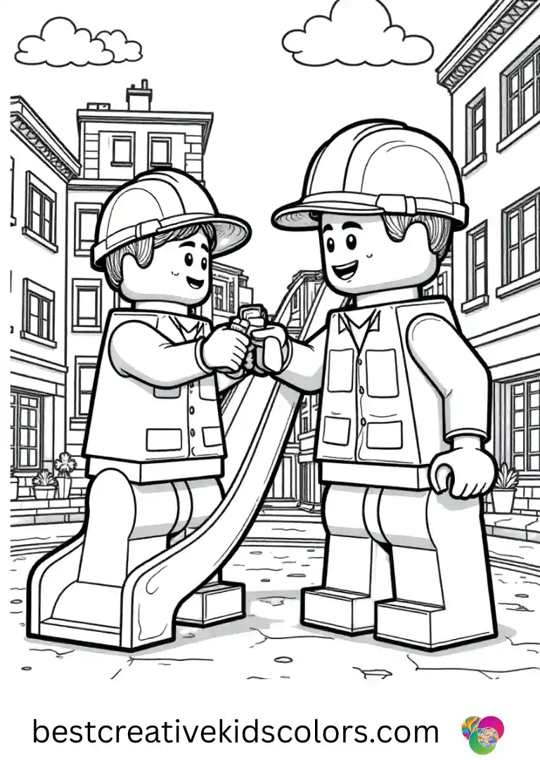 LEGO City Coloring pages show city workers repainting a playground slide bright and clean.