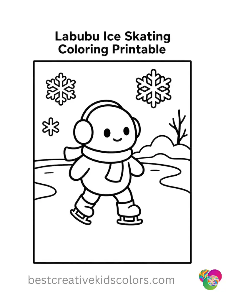Labubu Ice Skating Coloring Printable On a frozen winter pond, Labubu ice skates near the snowy bank.