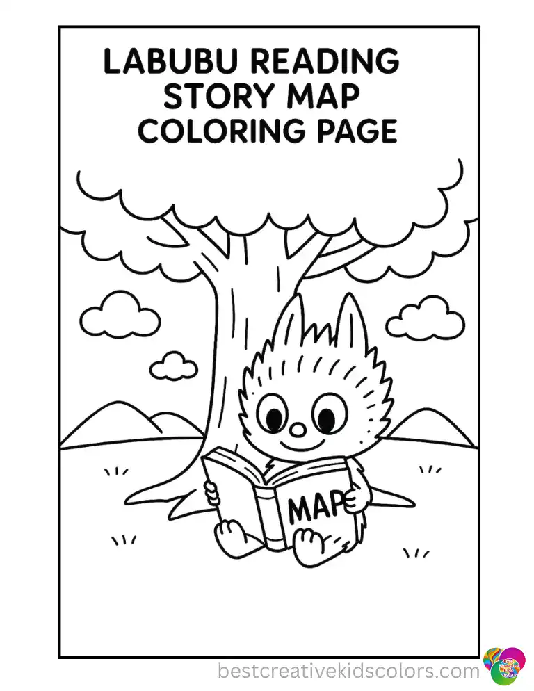 Labubu reads a thick story map under a shady oak tree.