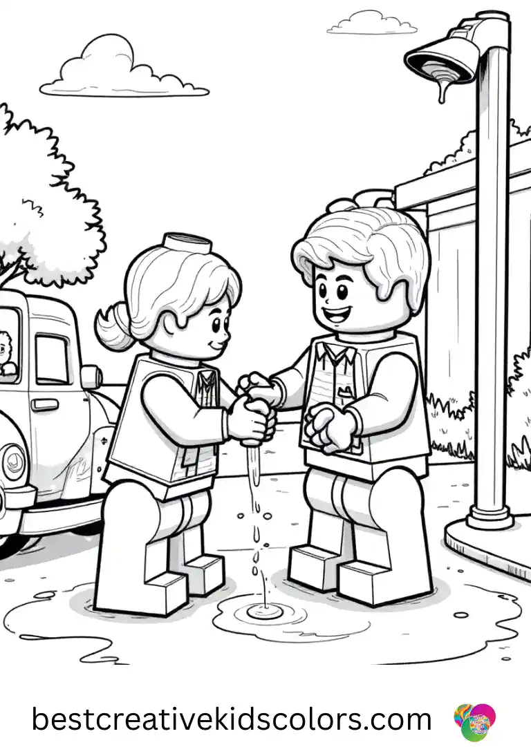 Lego coloring pages feature characters washing toy vehicles at a tiny outdoor station.