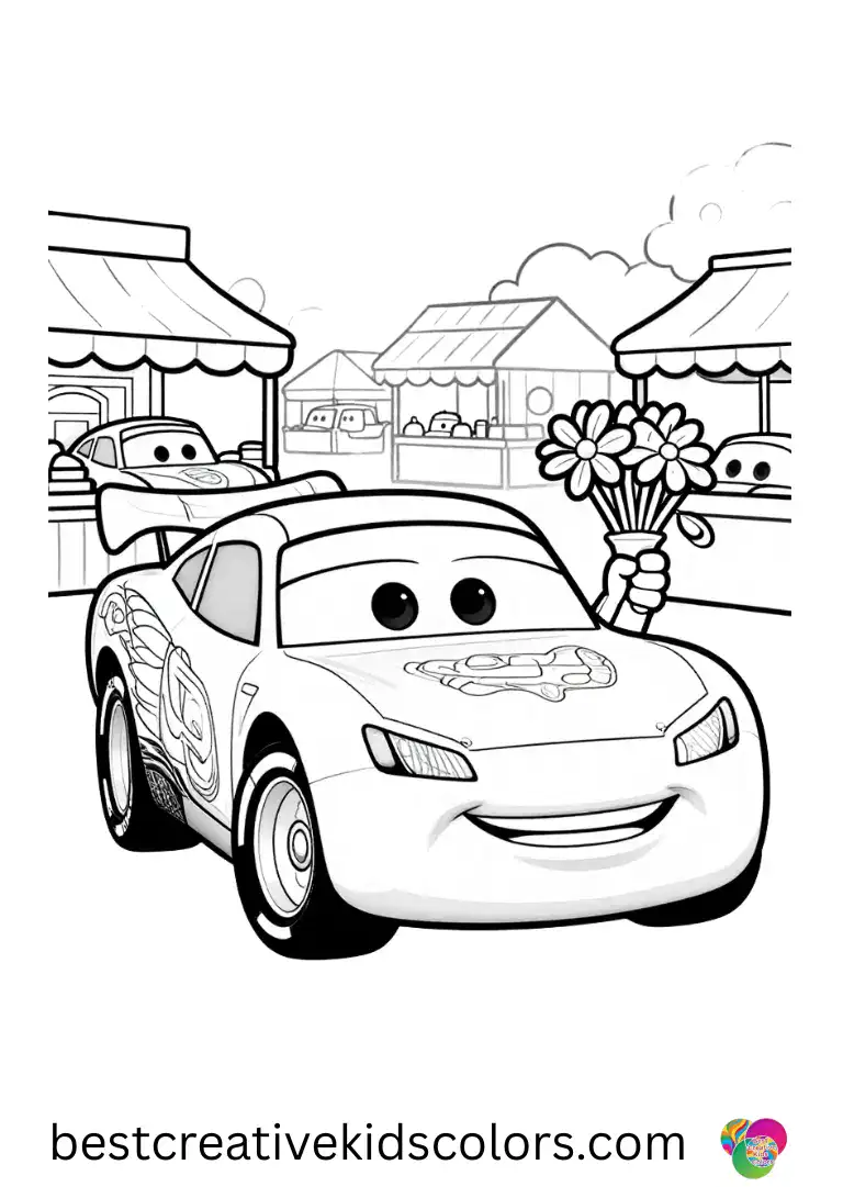 Lightning McQueen Coloring Page cars 2 illustrates him delivering flowers through a busy market.