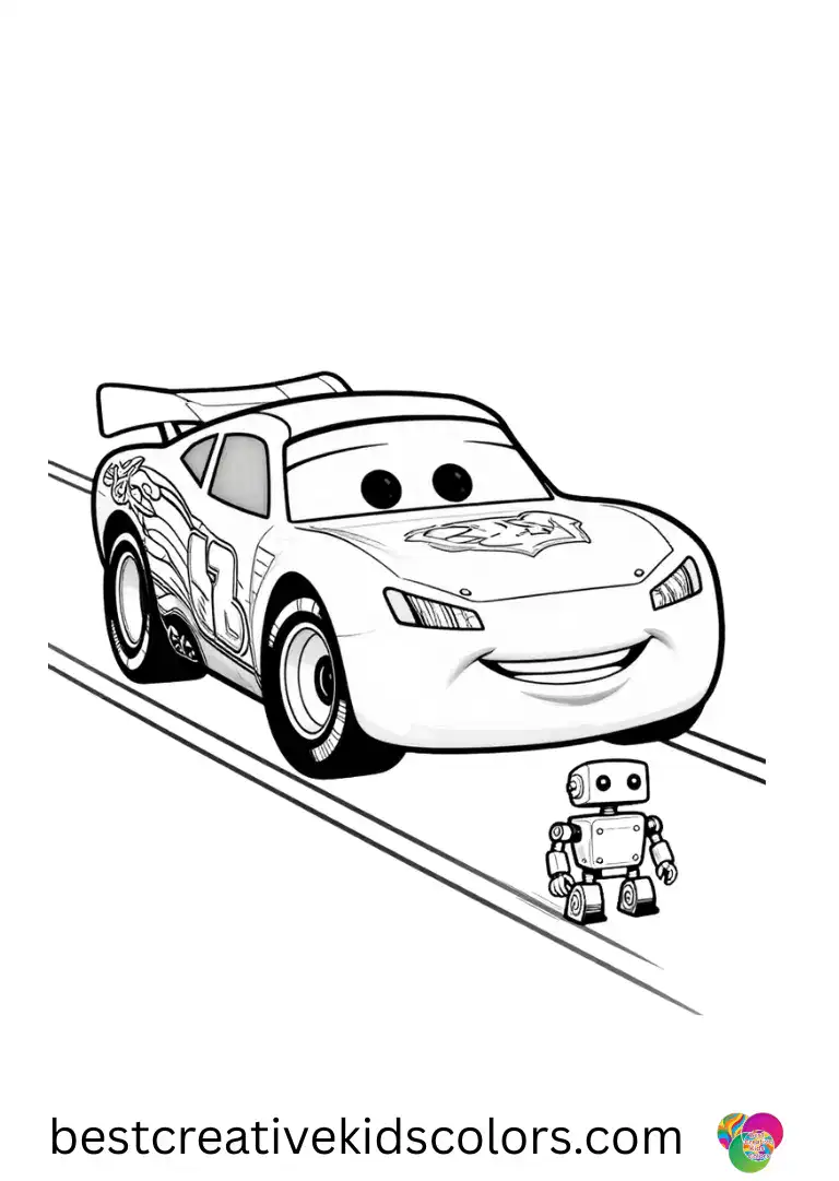 Lightning McQueen Printable PDF free download shows him towing a small broken-down robot on a track.