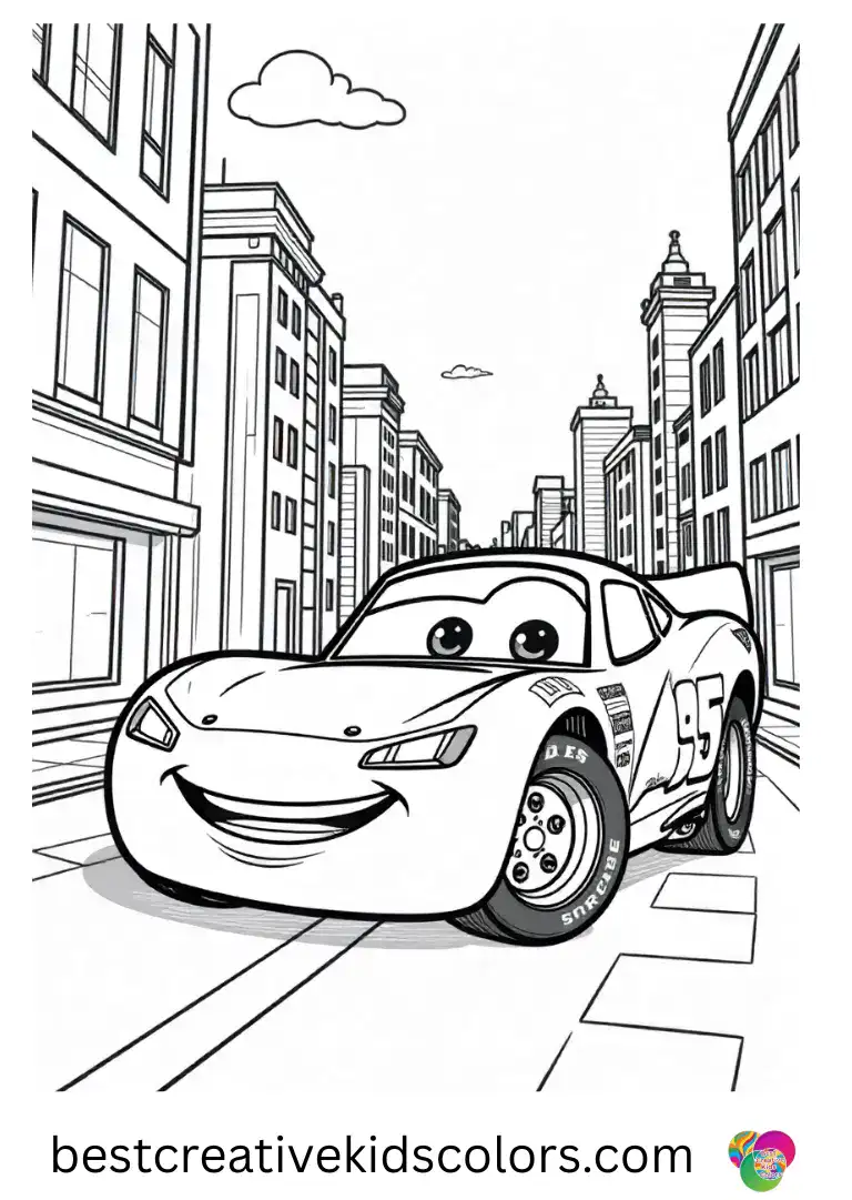 Lightning McQueen coloring pages printable PDF shows him painting a colorful mural on a city wall.
