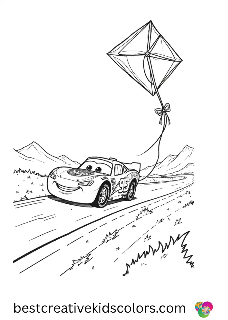 Lightning McQueen craft features him decorating a paper kite that flies along a windy road.