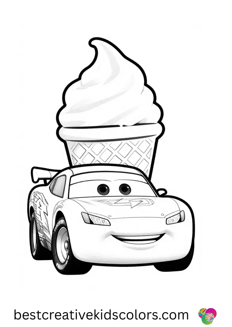 Lightning McQueen free printables features him holding a giant ice cream cone without spilling a drop.